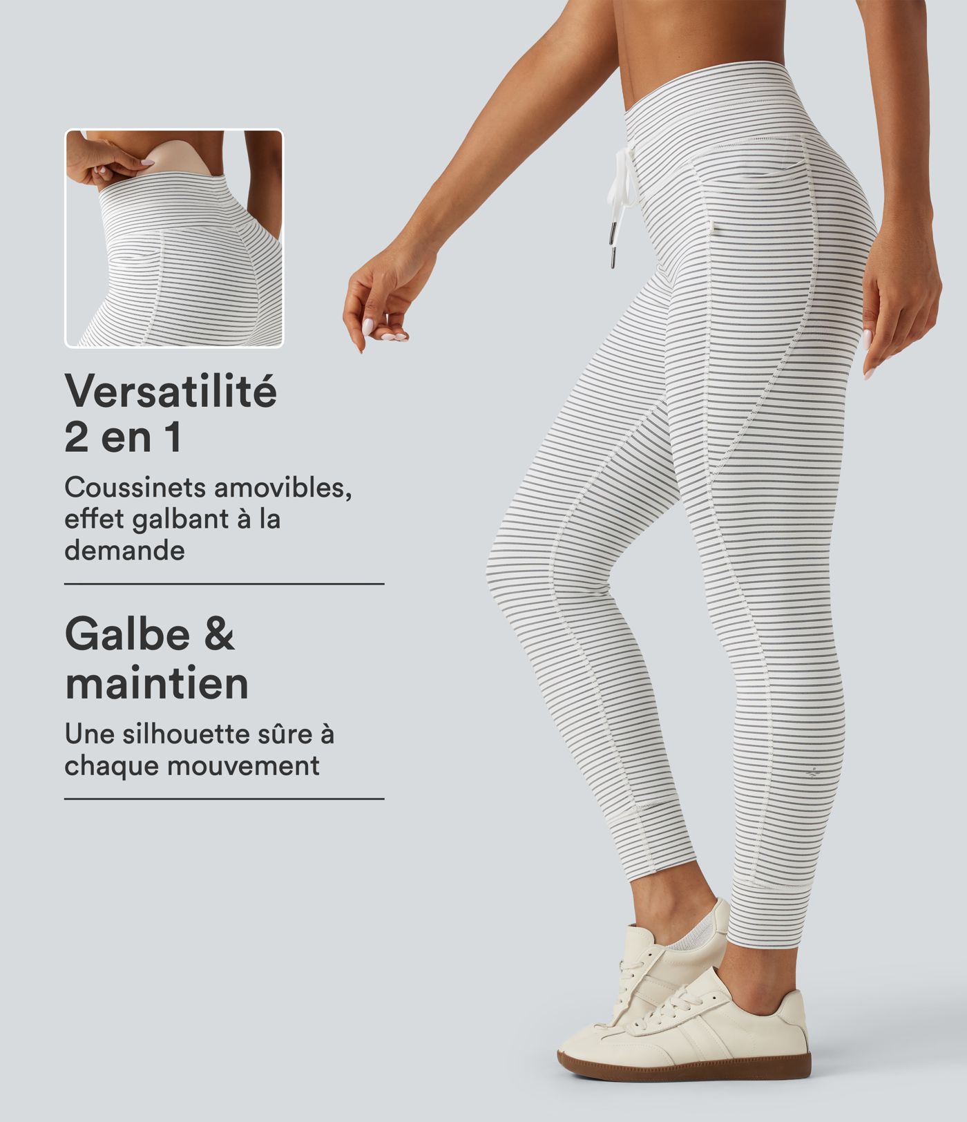 Legging de yoga rayé taille haute à effet liftant fessiers et cordon de serrage avec poches