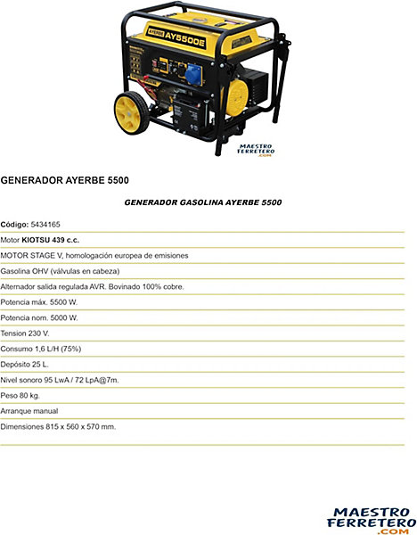 Groupe électrogène essence 5500 W moteur Kiotsu 439 cc démarrage manuel