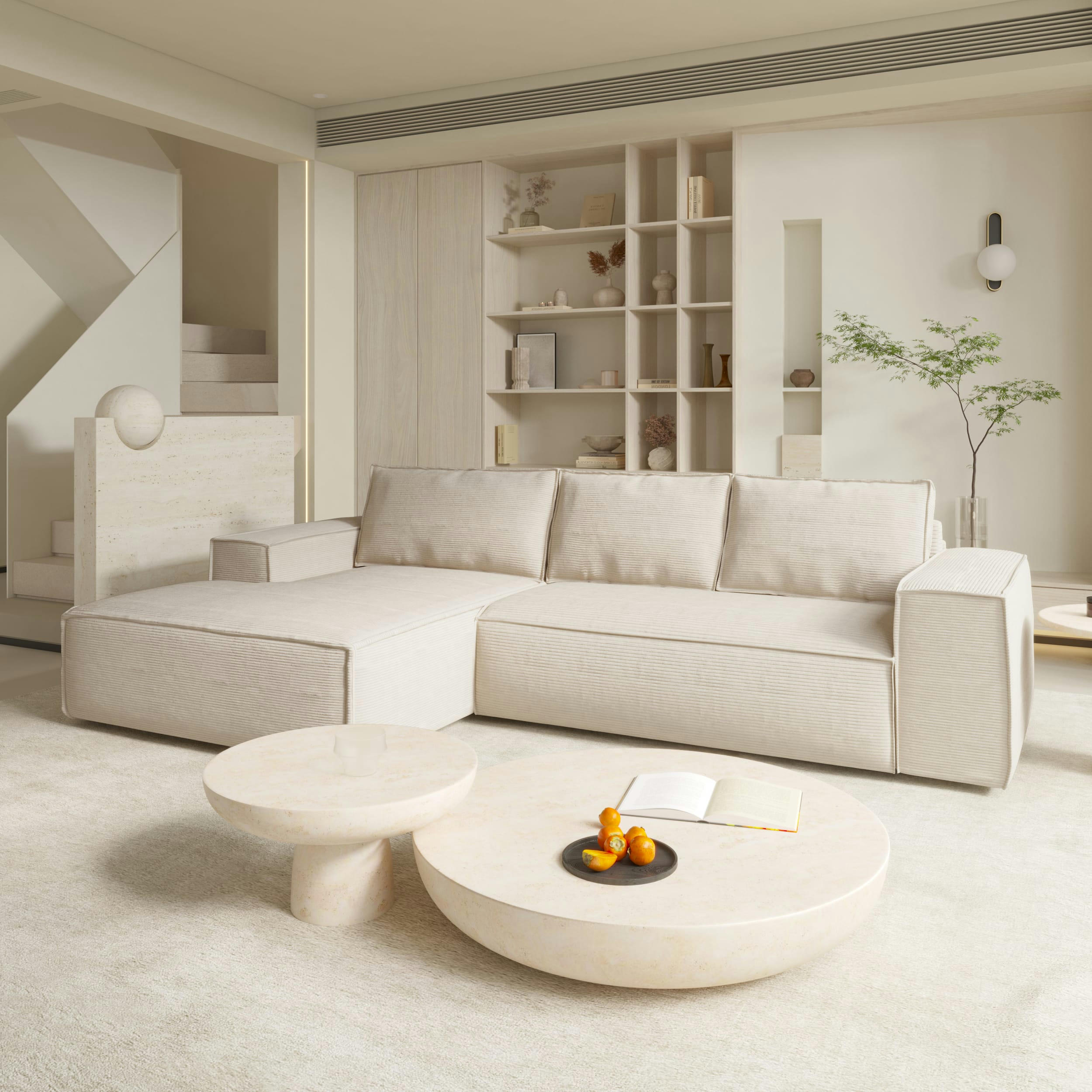 JOAN - Canapé convertible angle gauche dunlopillo velours côtelé crème 140cm