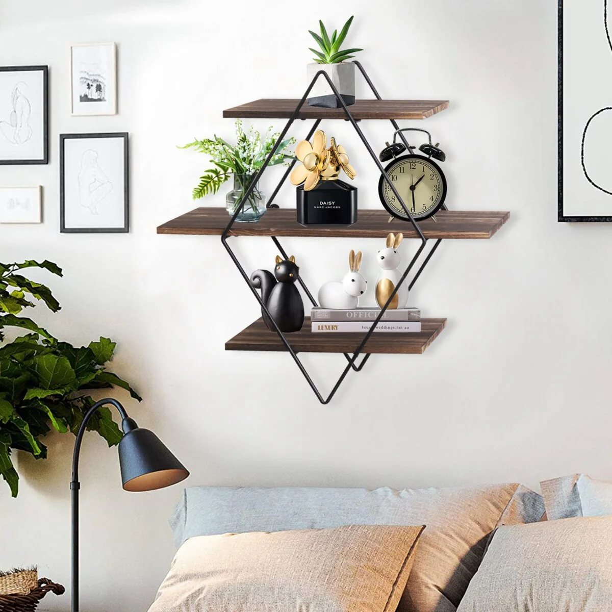 3Tier Metal Wall Shelves in Geometric Diamond for Home Display Storage