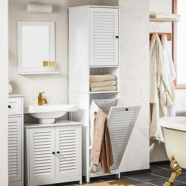 Meuble Colonne de Salle de Bain avec 1 Porte, 1 Tiroir, 1 Panier à Linge, BZR124-W, SoBuy