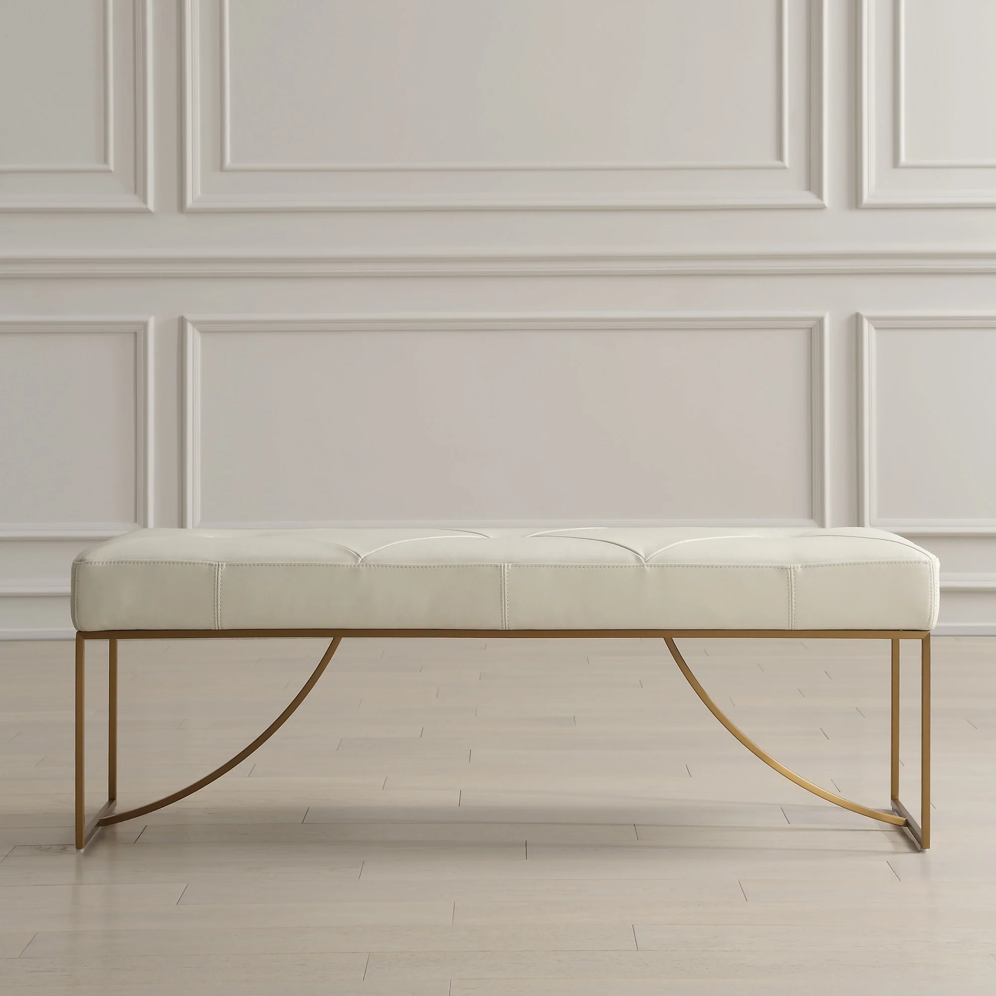 Diamond Tufted Leather Upholstered Bench - 53 - Cream