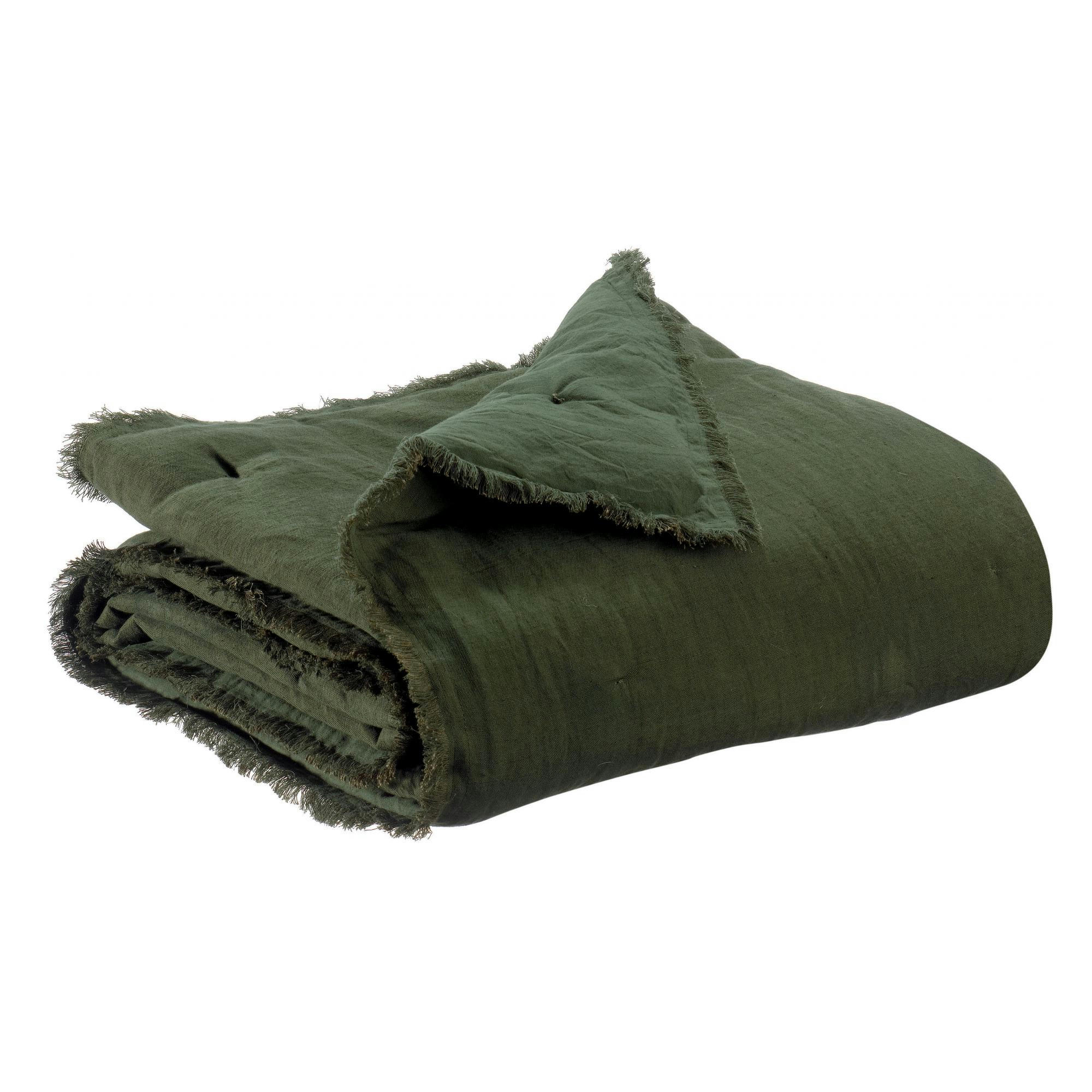 LALY - Plaid uni  en coton olive 135 x 200