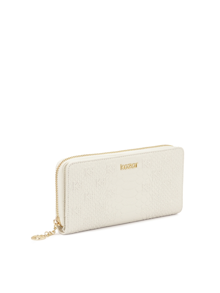 White embossed leather wallet with zipper closure