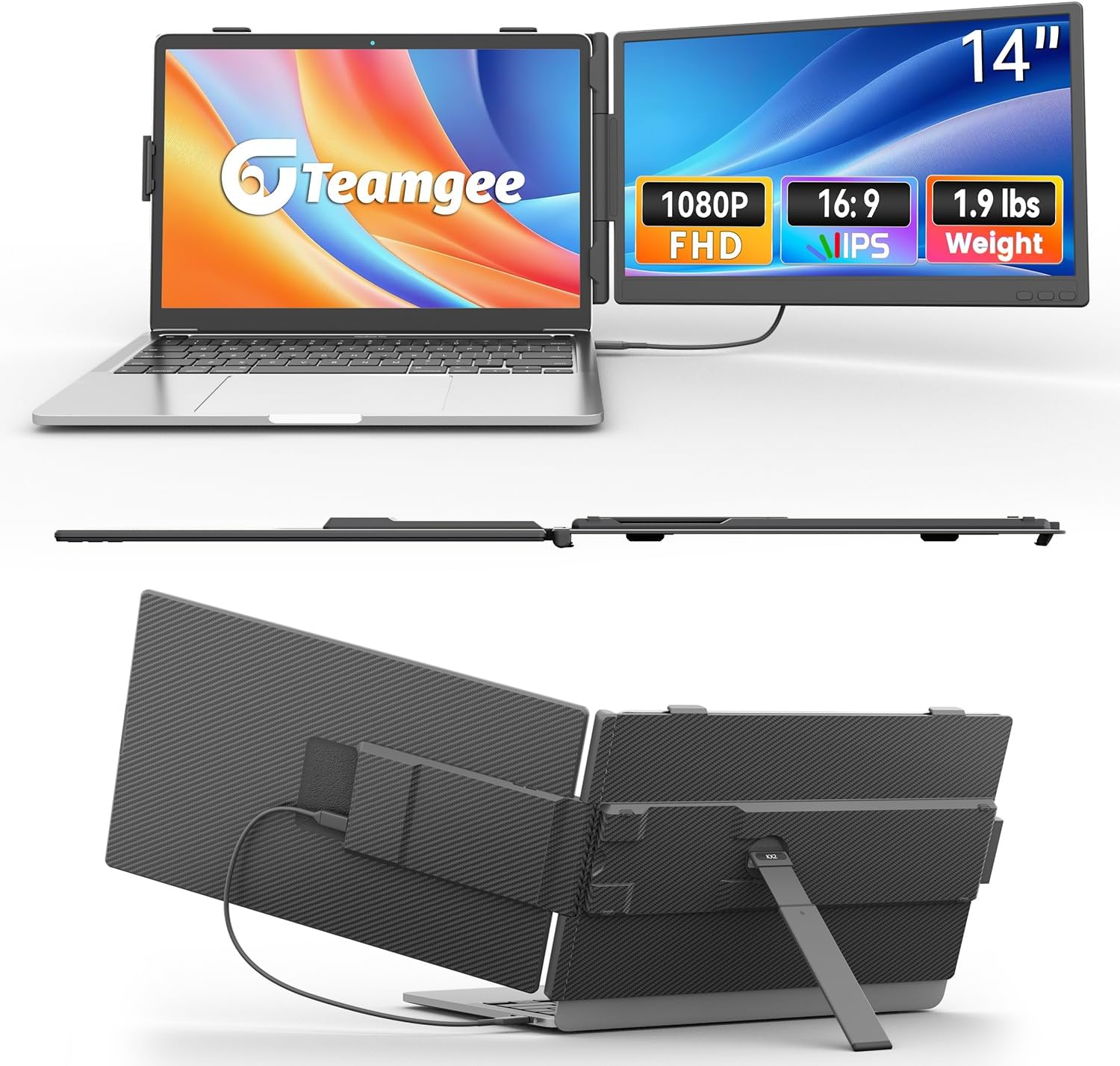 Teamgee 14 Inch Laptop Screen Extender  1080P FHD Laptop Monitor Extender  Portable Monitor for Laptops 13-17.3 with USB-C/HDMI Port  Plug & Play for Windows/Mac/Android/Switch/PS5