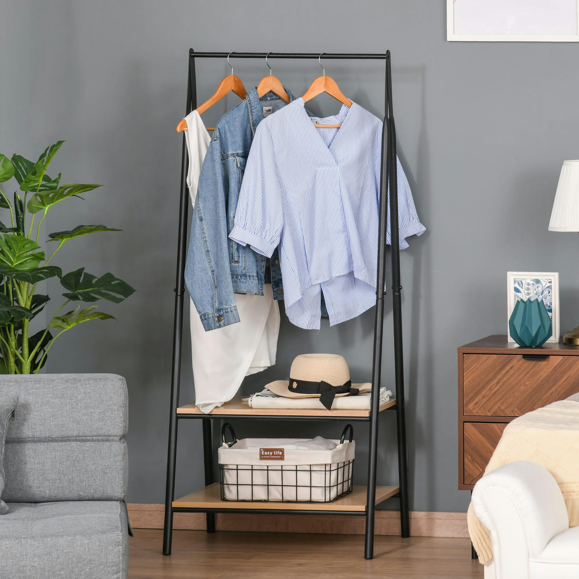 - Portant à vêtements 2 étagères bois clair acier noir