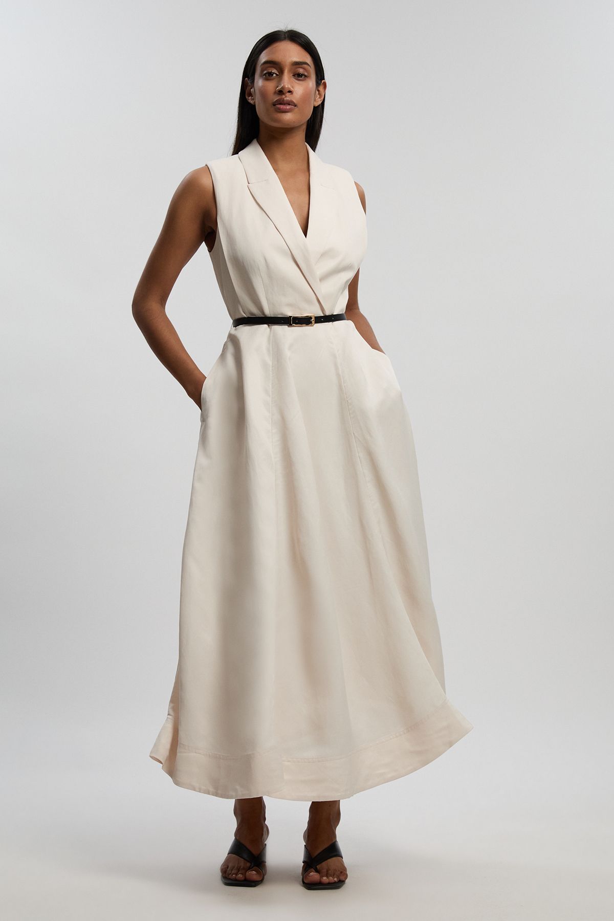 KarenMillen Premium Viscose Linen Tailored Belted Full Skirted Midi Dress
