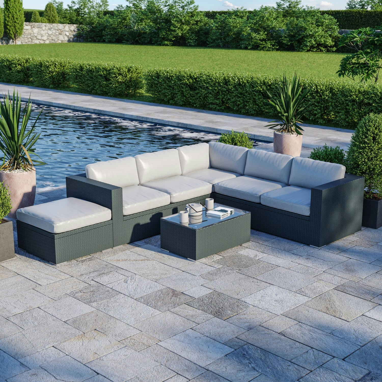 FARENZA - Salon de jardin 6 places en résine tressée noire