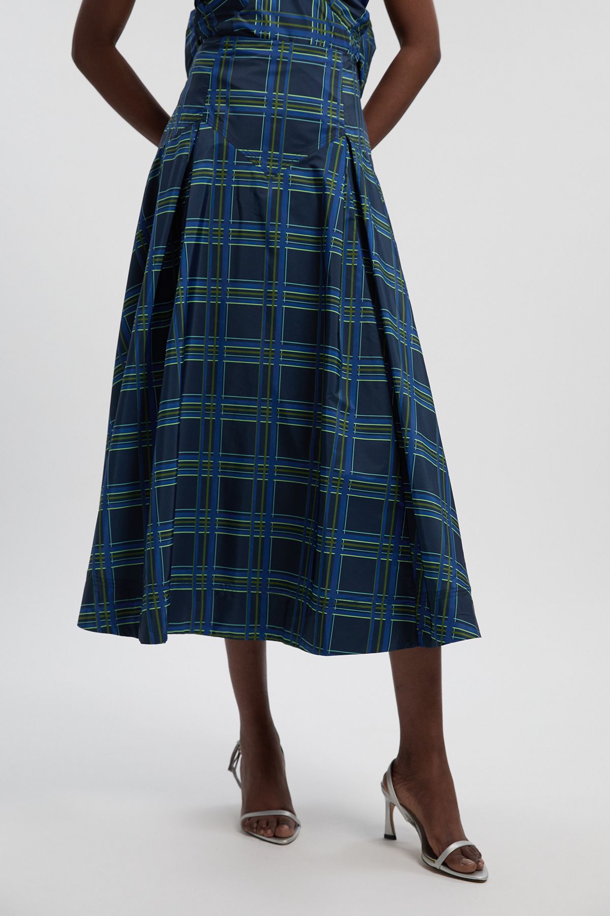 KarenMillen Check Print Taffeta Woven Maxi Skirt