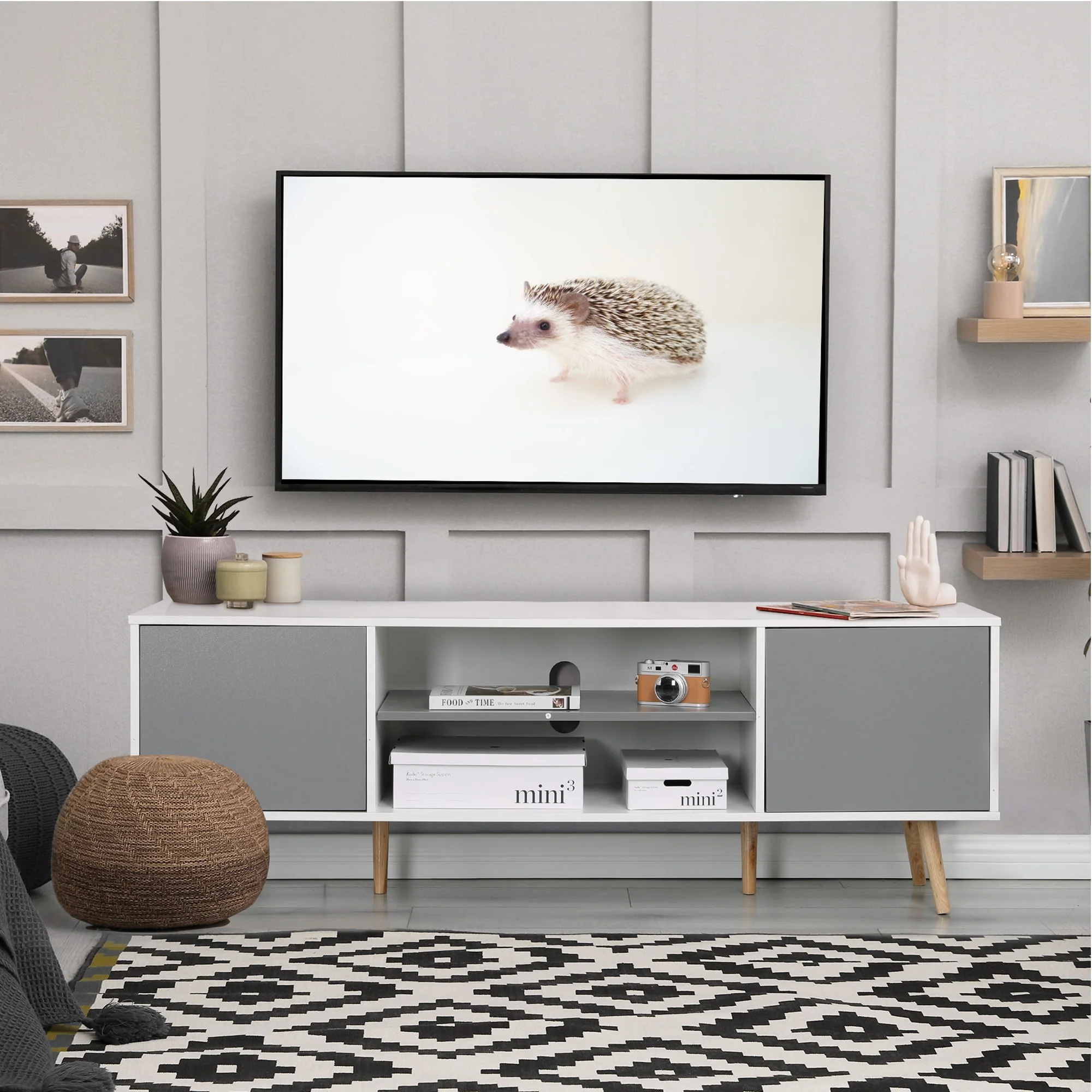 AVAWING Mid-Century Modern TV Stand for 60 TV with Storage and Open Shelf