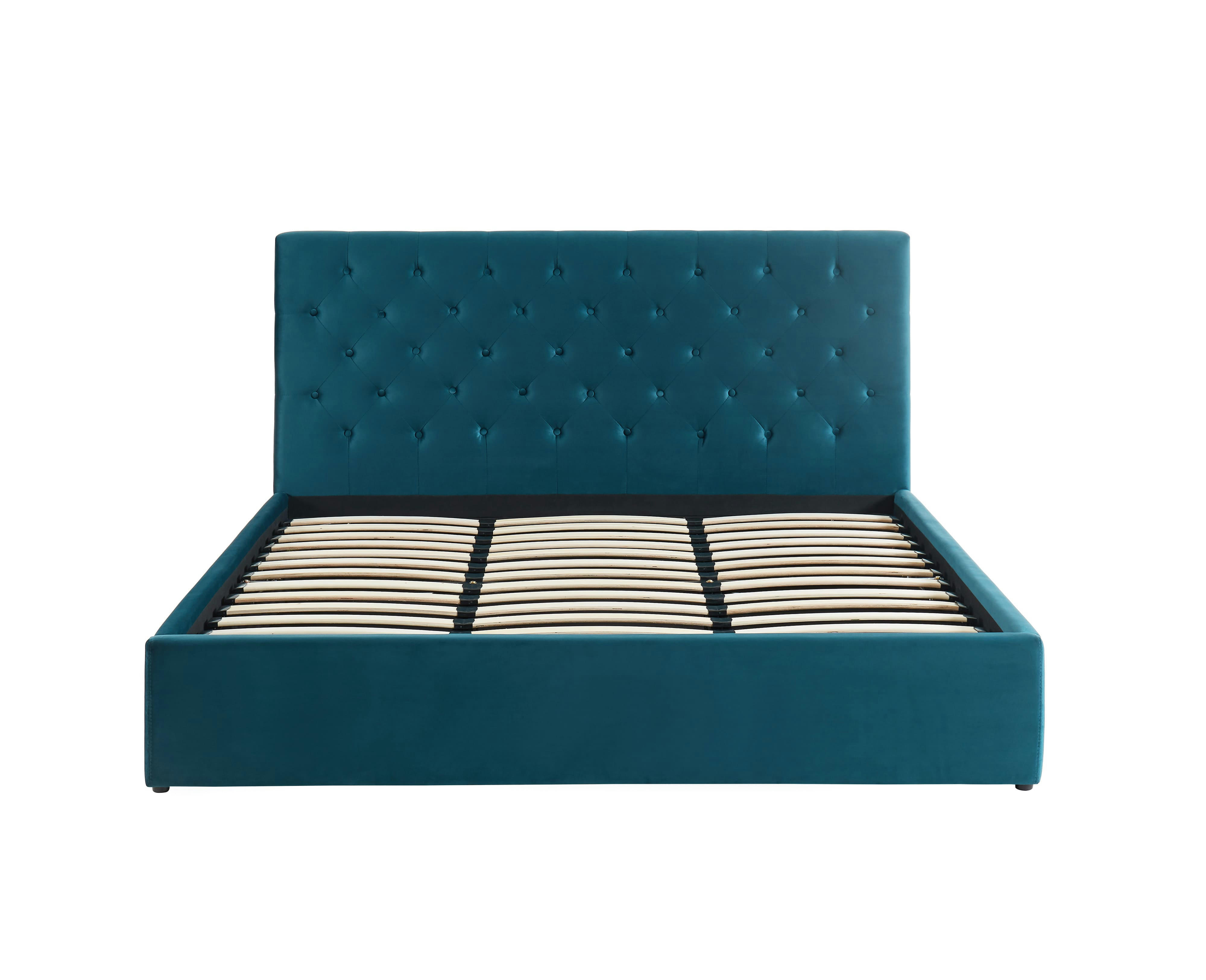 HUBERT - Lit coffre  velours bleu paon 180x200 sommier inclus