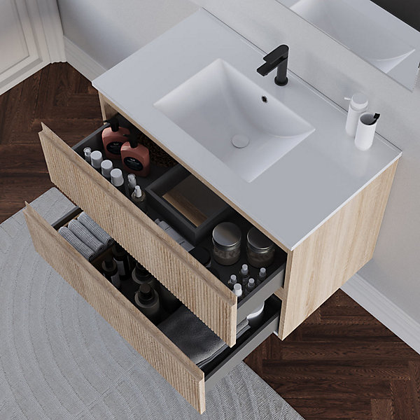 Meuble sous vasque seul, 2 tiroirs, 80cm, simple vasque - cambrian (chêne clair) - RIBERA