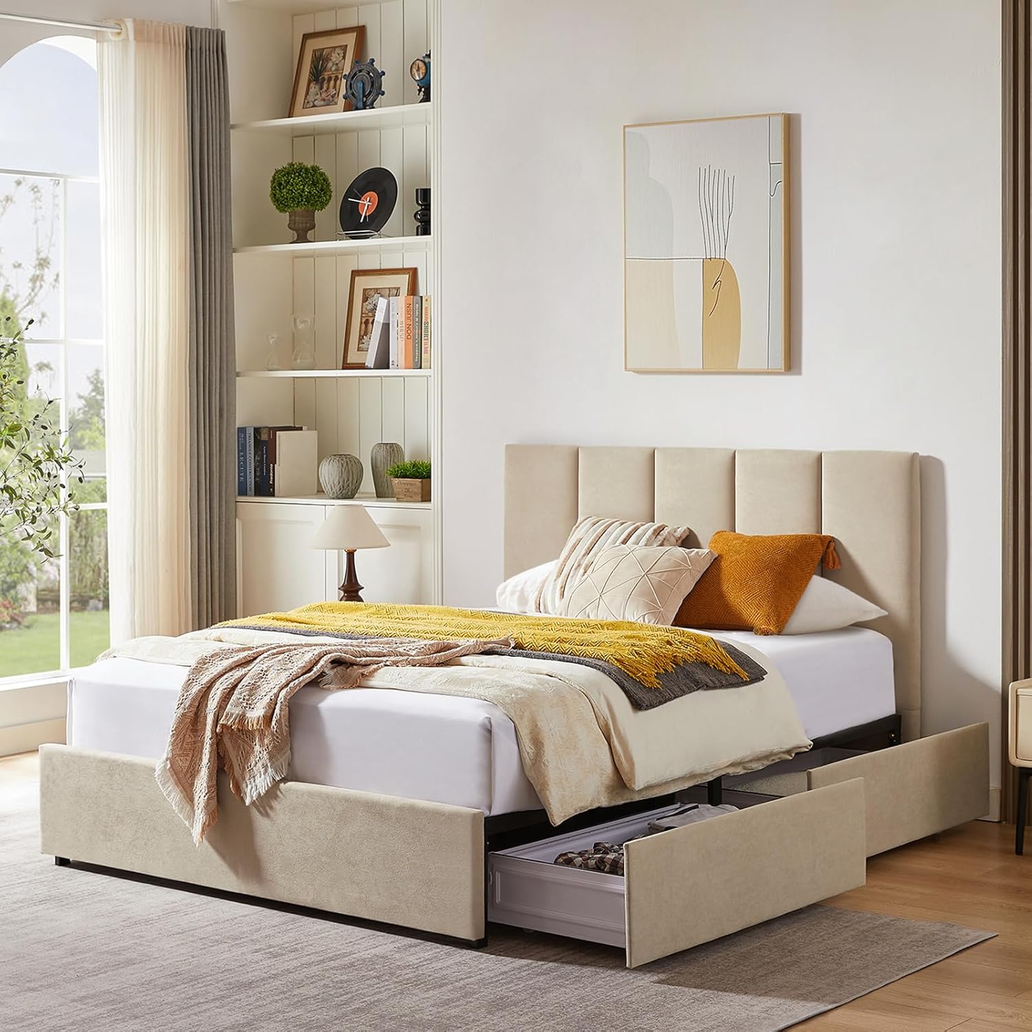 VELOCAVA Queen Size Upholstered Storage Bed Frame with 4 Drawers, Modern Linen Platform Bed with Vertical Channel Headboard, Sturdy Wood Slats, Under Bed Storage, No Box Spring Needed, Beige