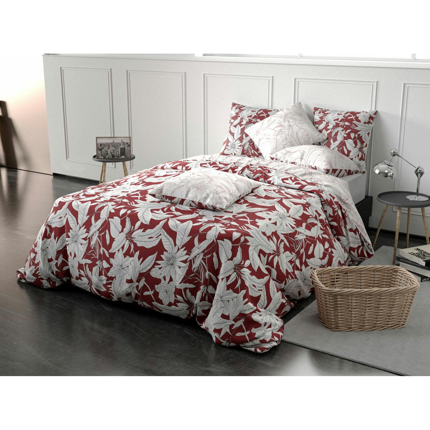 BONHEUR - Parure housse de couette percale de coton rouge 220x240 cm