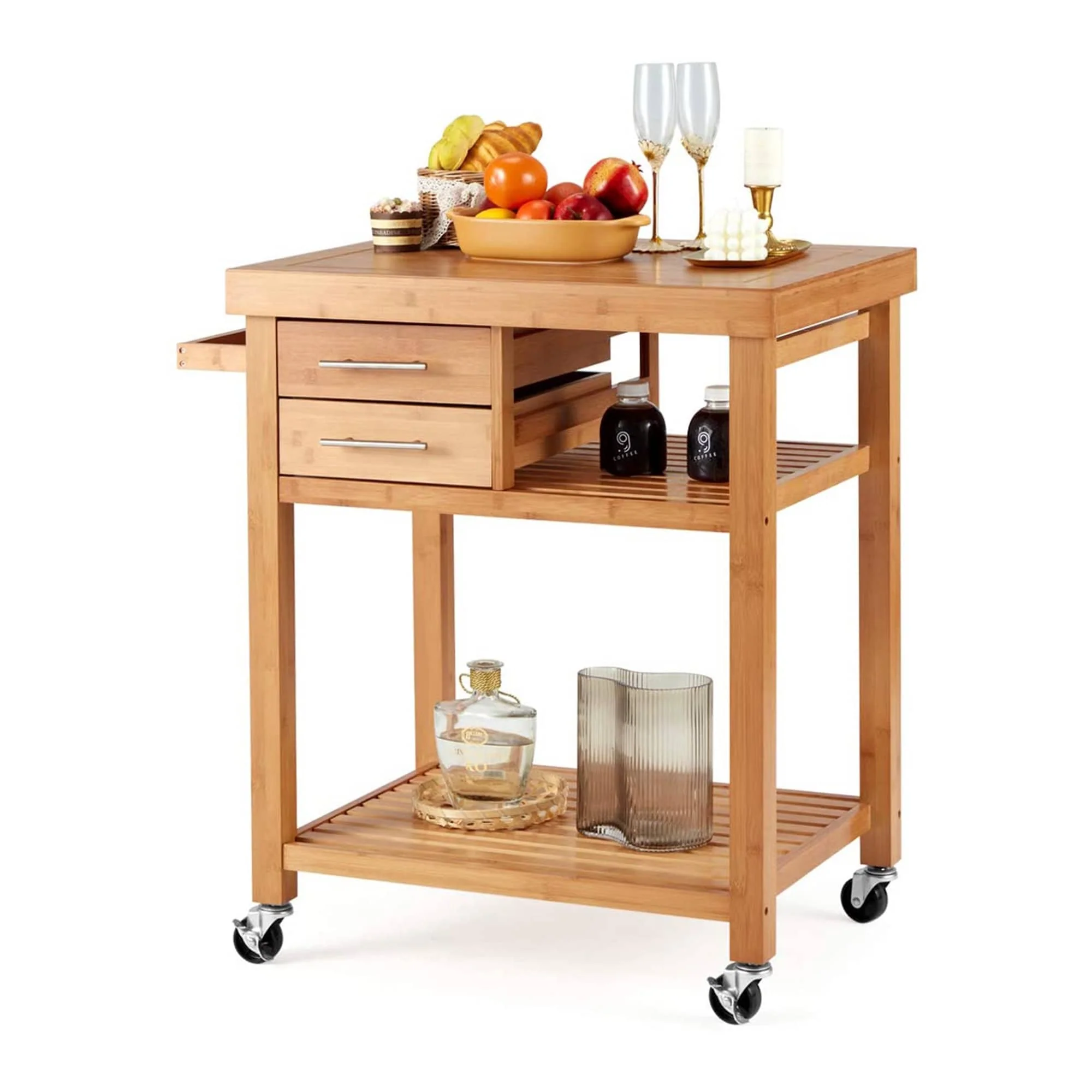 EROMMY Multipurpose Rolling Bamboo Wood Kitchen Island Trolley Cart, Natural - 47.4