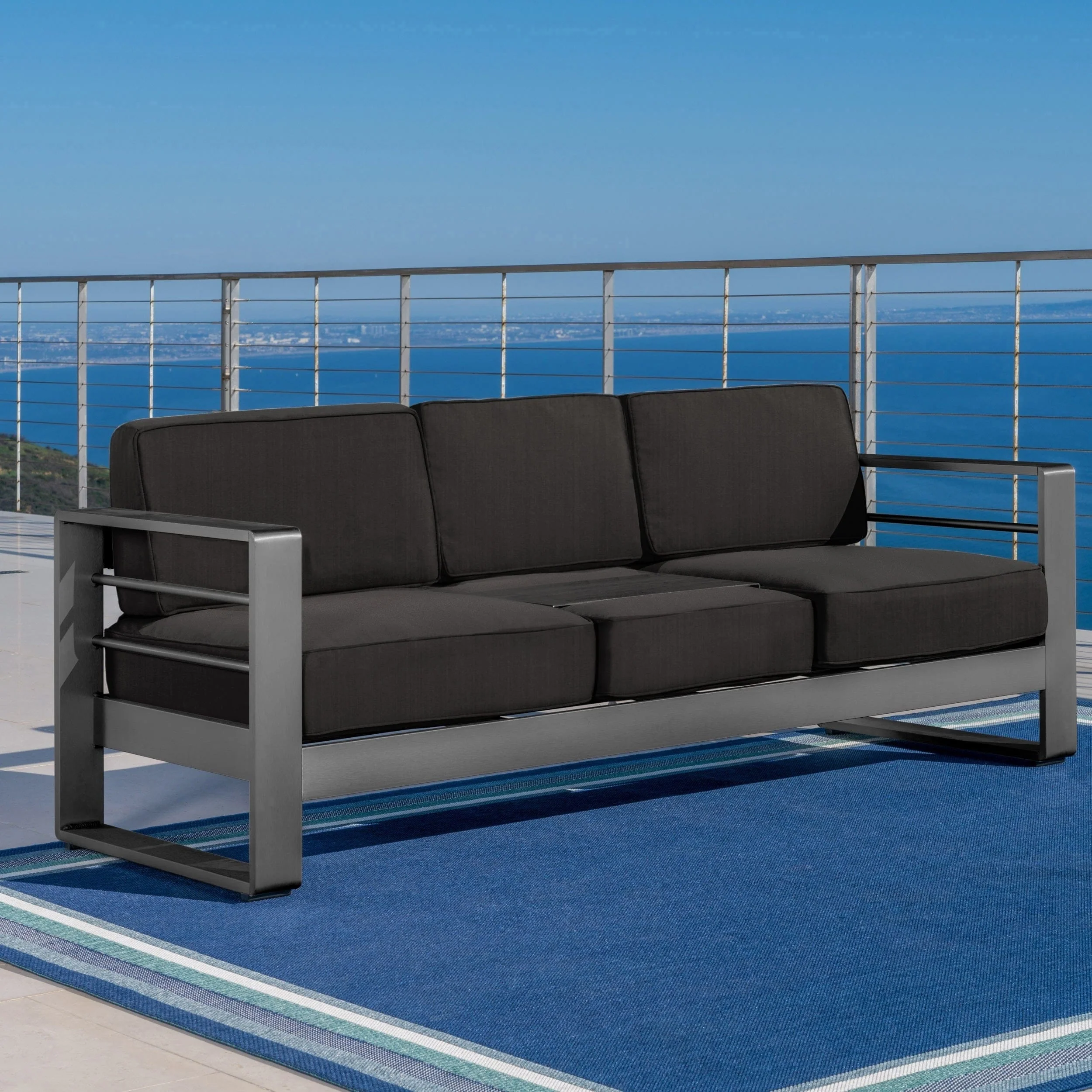 Cape Coral Cushioned Aluminum Outdoor Sofa with Tray by Christopher Knight Home