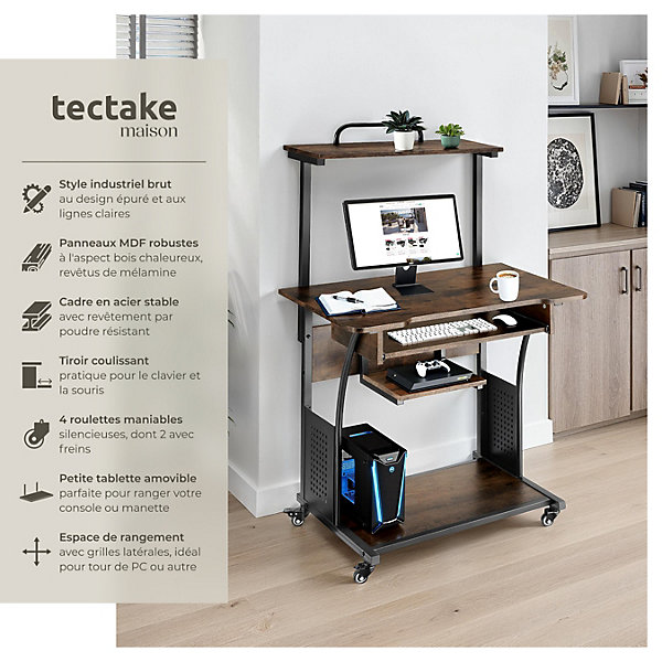 Bureau Style industriel 3 niveaux tablette accrochable et tiroir à clavier