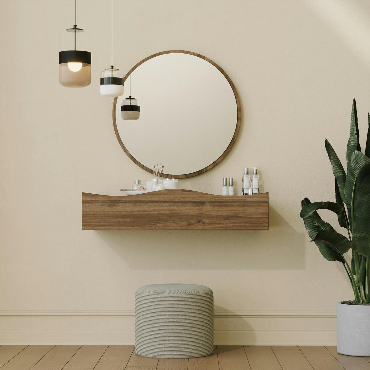 Coiffeuse murale effet bois foncé avec miroir, 2 tiroirs MARFA