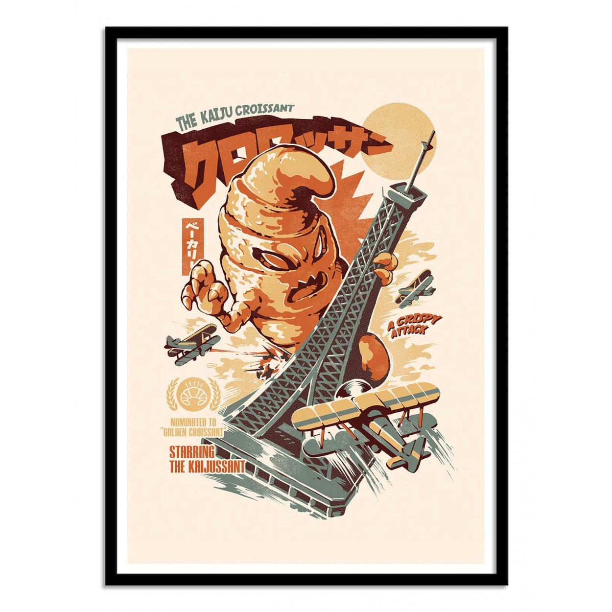 ILUSTRATA - THE KAIJU CROISSANT - Affiche d'art avec Cadre bois noir - 30 x 40 cm