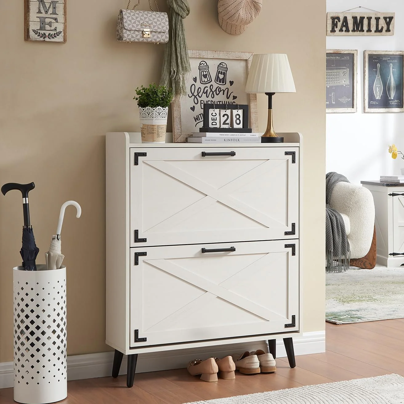 Shoe Storage Cabinet,Farmhouse Shoe Organizer with 4 Flip Drawers  Barn Door Design,Freestanding Hidden Slim Narrow Shoe Rack Cabinet for Entryway,Foyer,Hallway,Walnut(Antique White/2-Drawers)