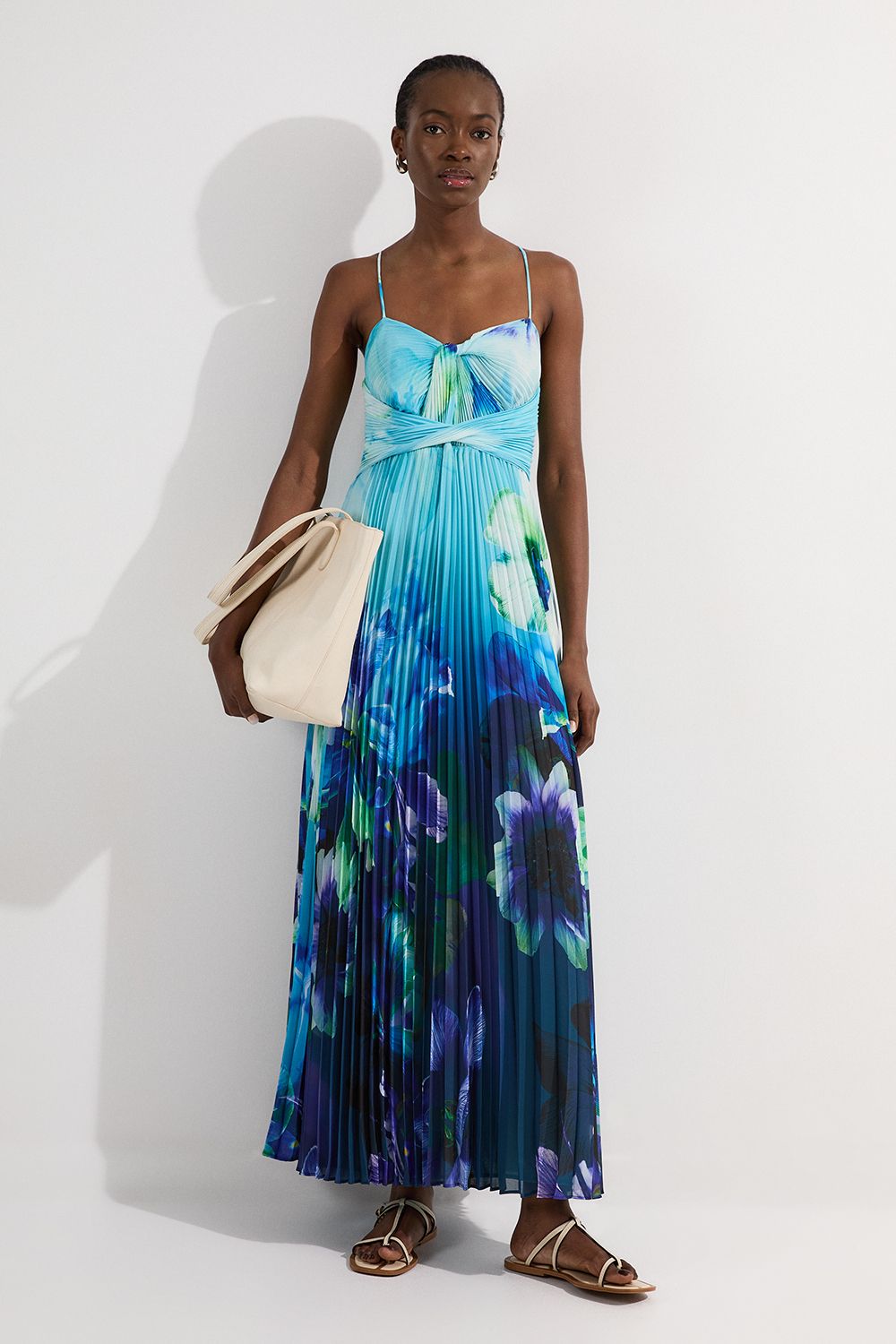 KarenMillen Ombre Floral Soft Pleated Woven Strappy Maxi Dress
