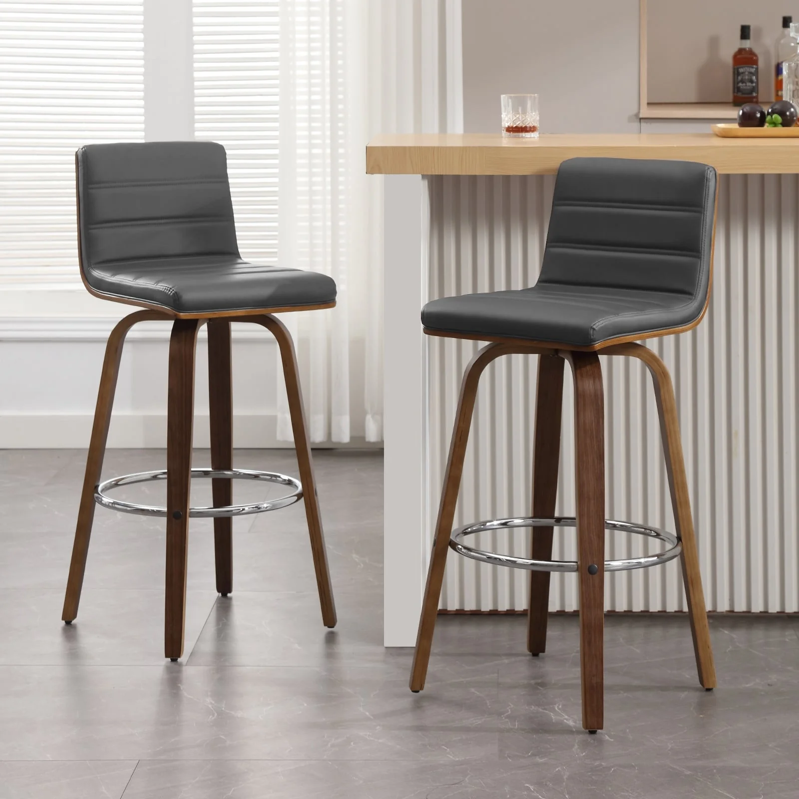 Faux Leather & Wood Swivel Bar Stools/ Counter Stool Set of 2