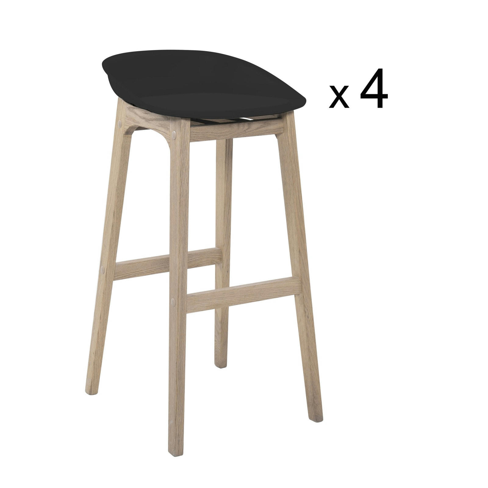 RIVA - Tabourets d'ilot 65cm  pieds chêne assise plastique noire - Lot de 4