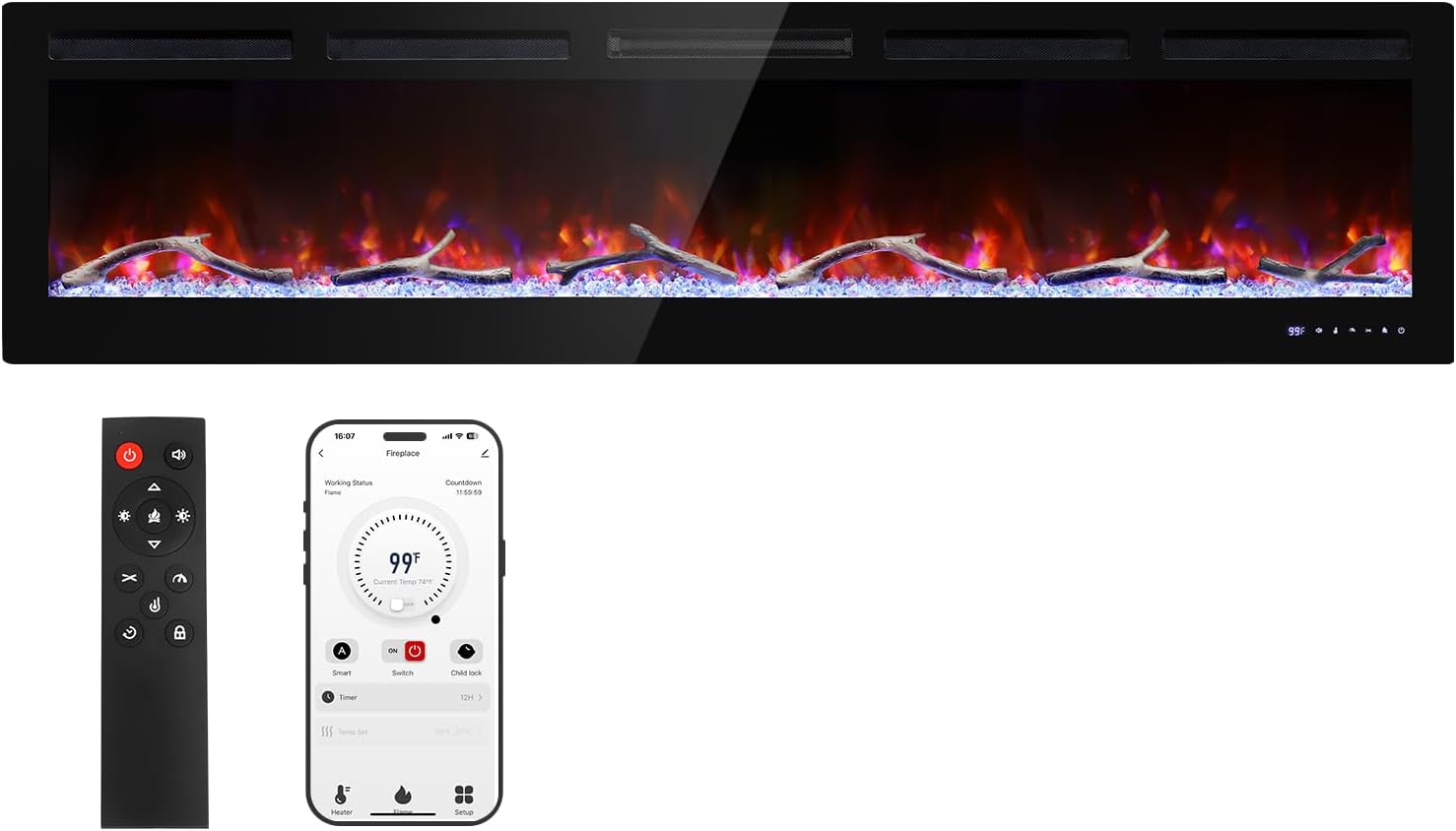 Cheerway 72’’ Smart WiFi Electric Fireplace Heater, Wall Mounted & Recessed Electric Fireplace Insert w/Timer, Child Lock, Crackling Sound, App & Remote Control, Adjustable Flame,1500W