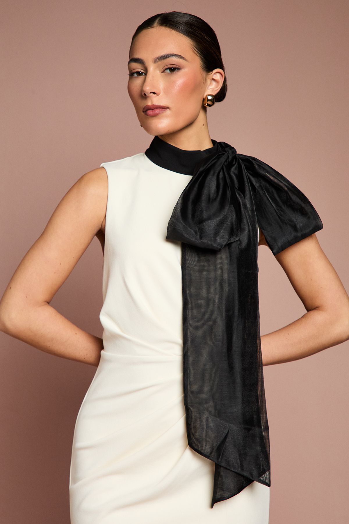Coast Lisa Tan Stretch Crepe Organza Pussybow Column Midi Dress