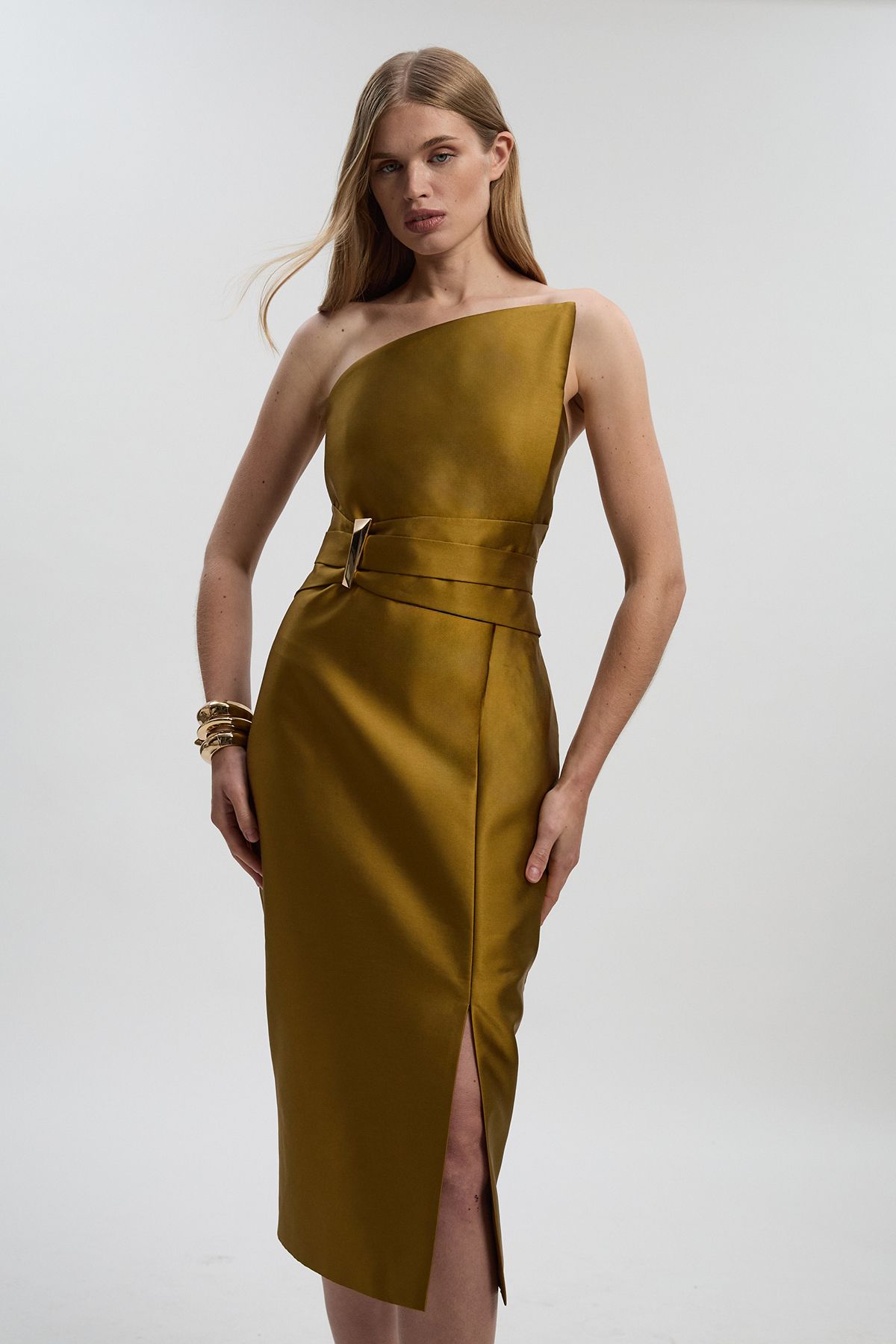 KarenMillen Satin Twill Trim Detail Structured Asymmetric Neck Tailored Midi Dress