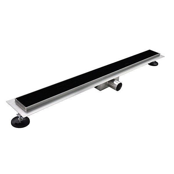 Caniveau de douche KODY L.110 cm verre noir et inox, siphon anti-odeurs, drainage performant -SANIVERRE