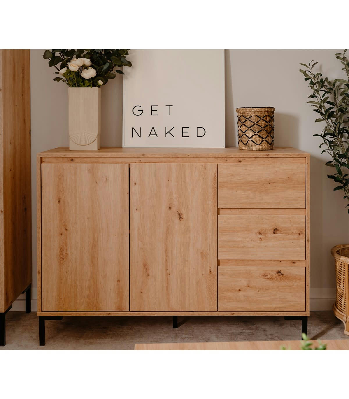 PLOCK - Buffet 2 portes 3 tiroirs et 1 étagère - L120 x H87 cm