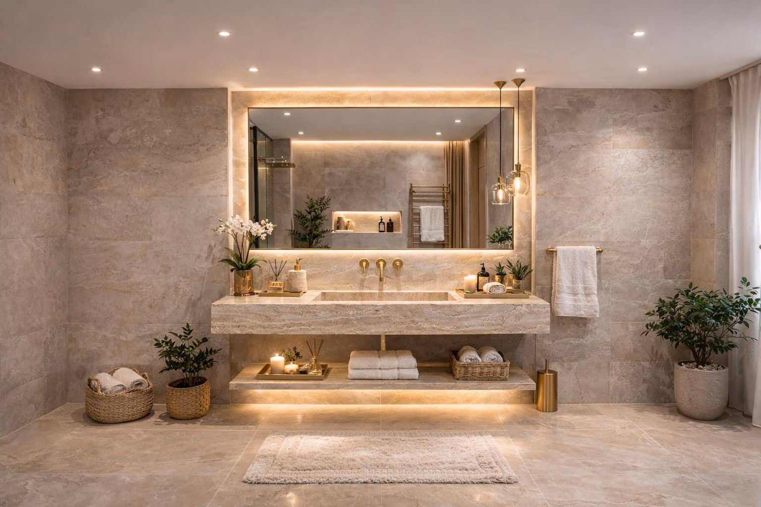 Luxury Travertine Wall Mounted Sink with Shelf – Handmade Natural Stone Vanity – NCM Exclusive Collection