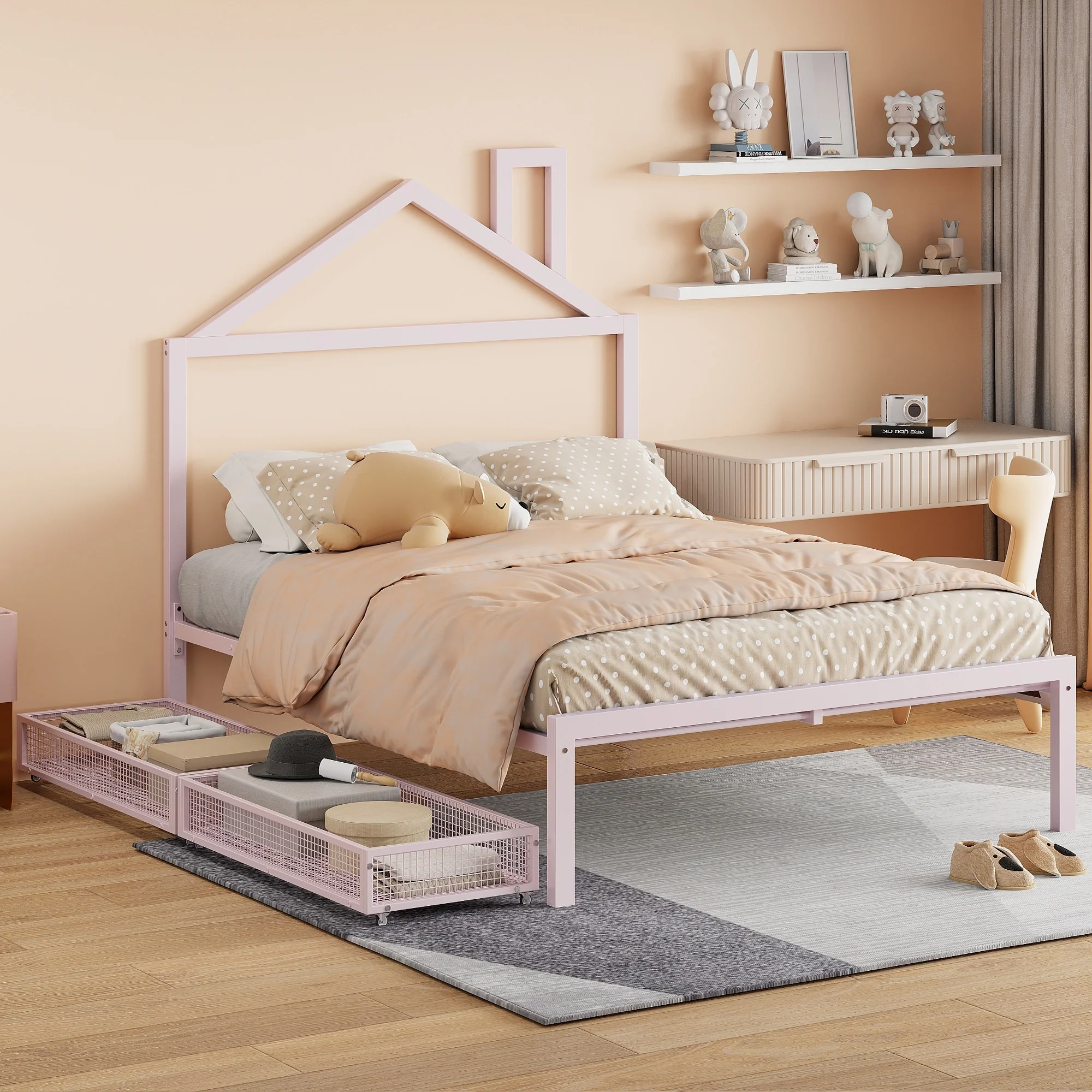 Charming Full Platform Bed with House Design and Drawers, Metal Frame
