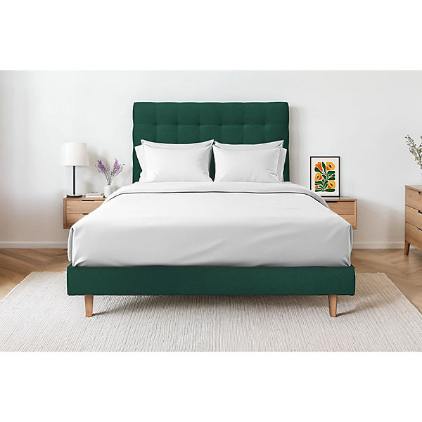 Lit avec tête de lit capitonnée velours et sommier kit- Lit en bois massif