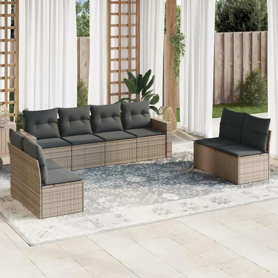 vidaXL Loungeset met kussens en tuintafel voor 8 personen - Grijs - Poly Rattan