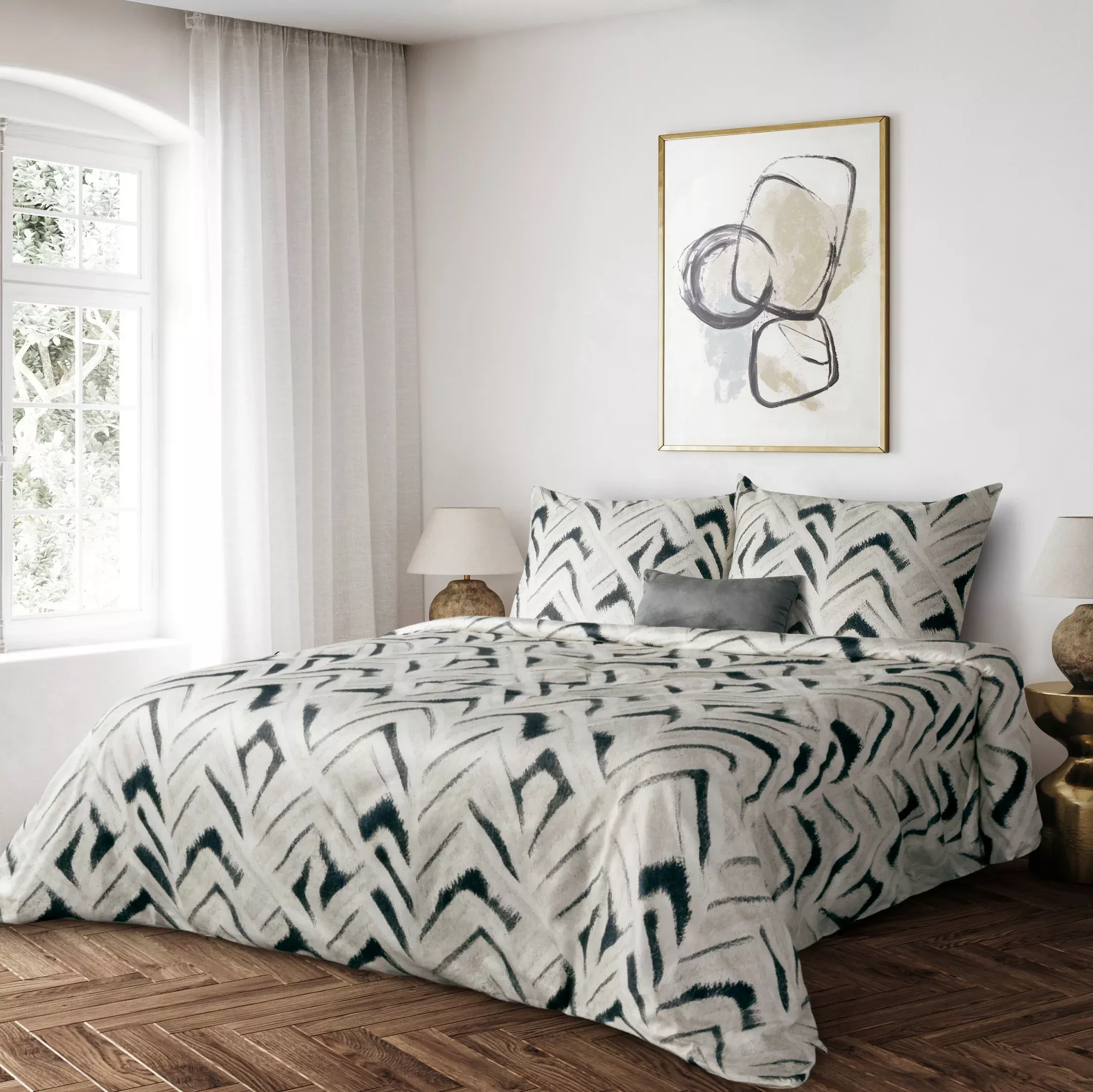 Pościel bawełniana 220x200 cm komplet 3 częściowy kolor biały, granatowy z motywem geometrycznym REINA 49 - kolekcja TOLEDO