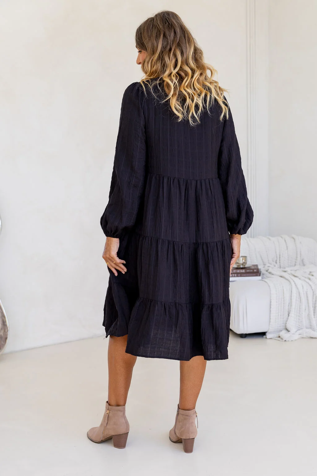 Long Sleeve Greta Midi Dress in Black