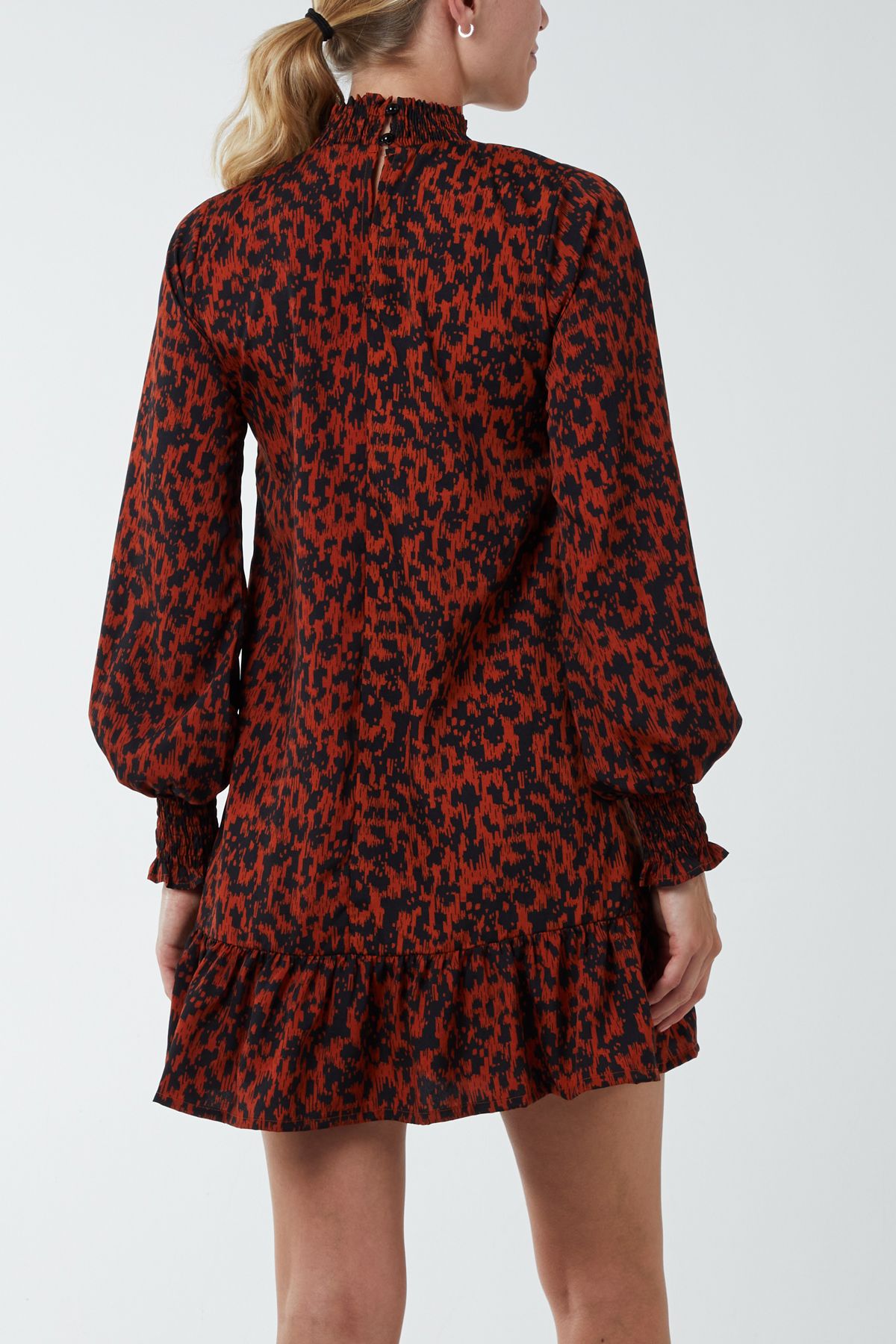 Blue Vanilla Abstract Print High Neck Mini Smock Dress