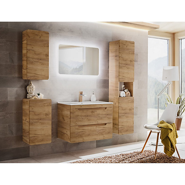 Meuble de rangement salle de bain ERBANO1 porteColoris chene clairCompact et suspendu