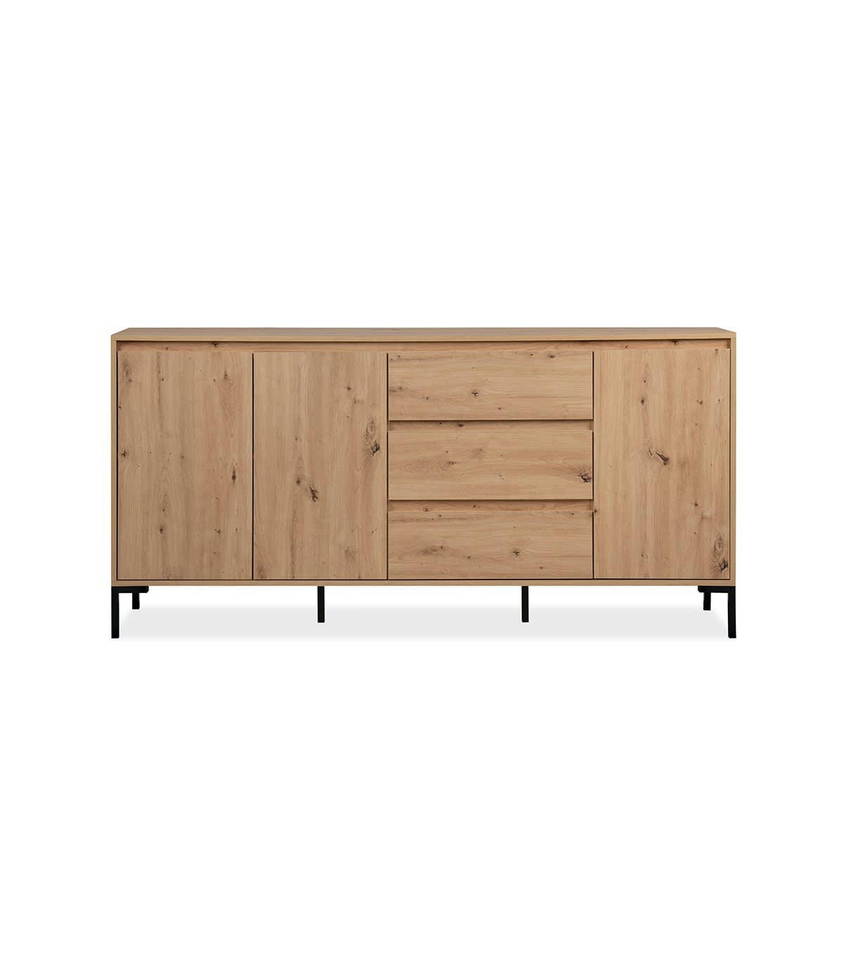 PLOCK - Buffet 3 portes 3 tiroirs et 2 étagères effet bois - L170 x H87 cm