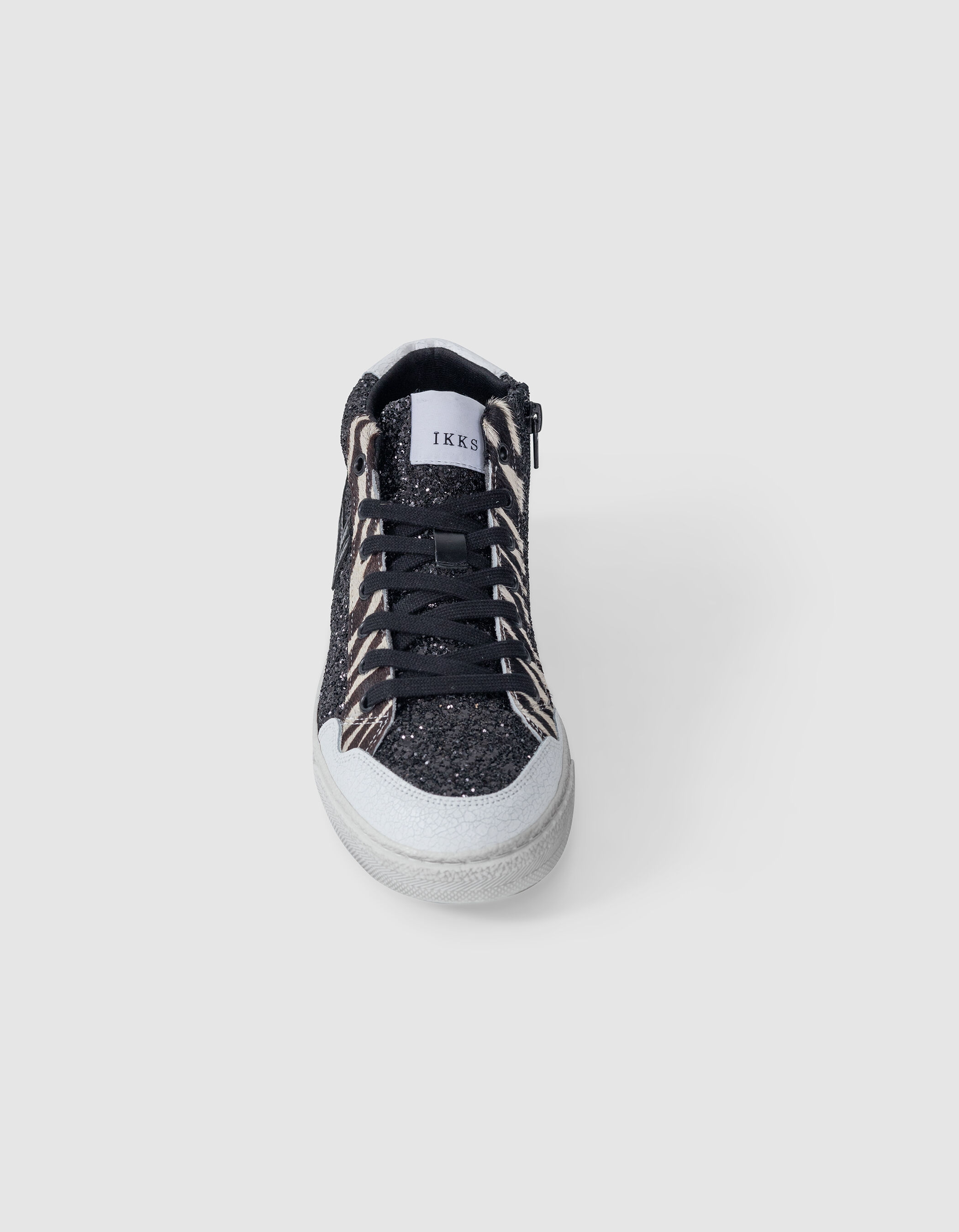 Baskets noires micro sequins et cuir motif zèbre Femme