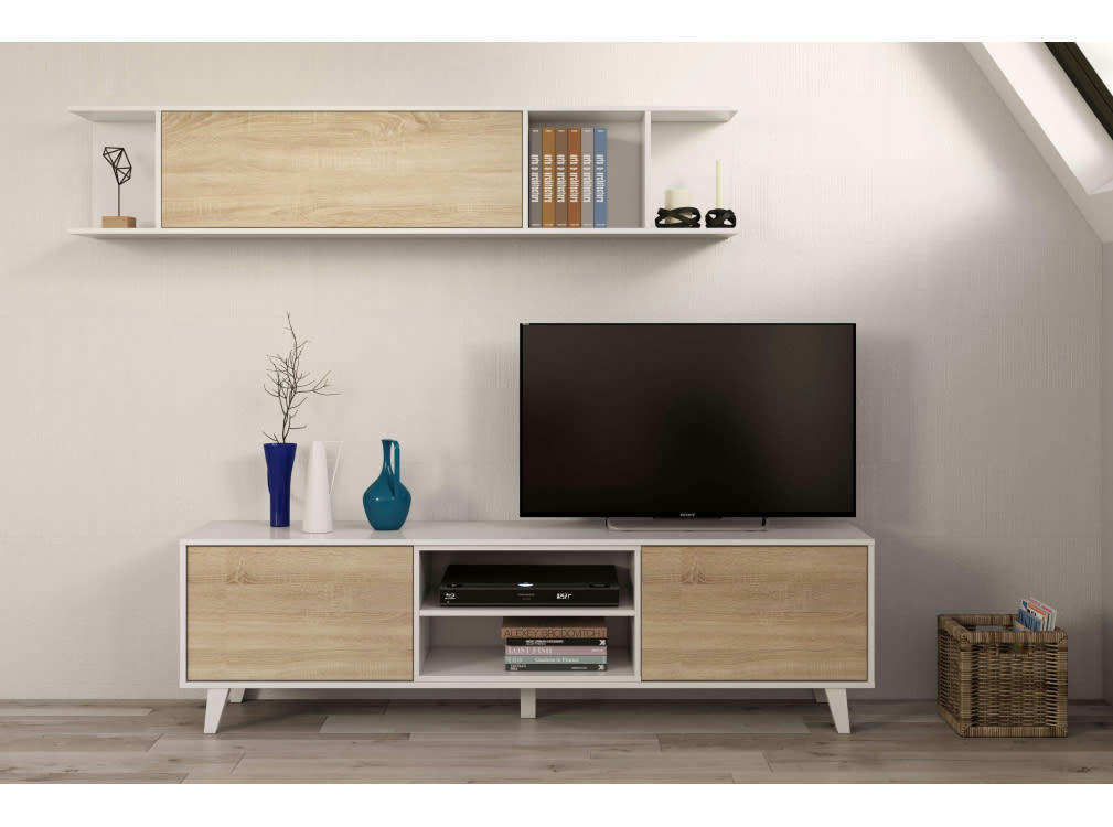 ABBY - Meuble TV blanc/bois 2 portes, 2 niches et étagère murale L180cm