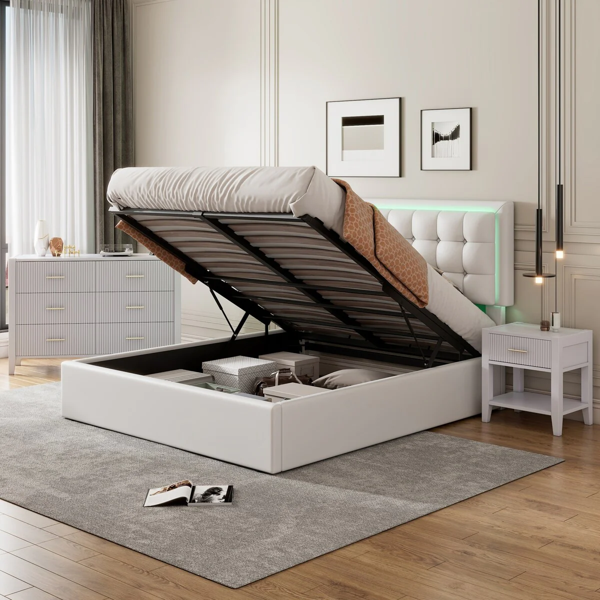 3-Pieces Bedroom Sets Queen Size Tufted Upholstered Bed with Nightstand and Dresser