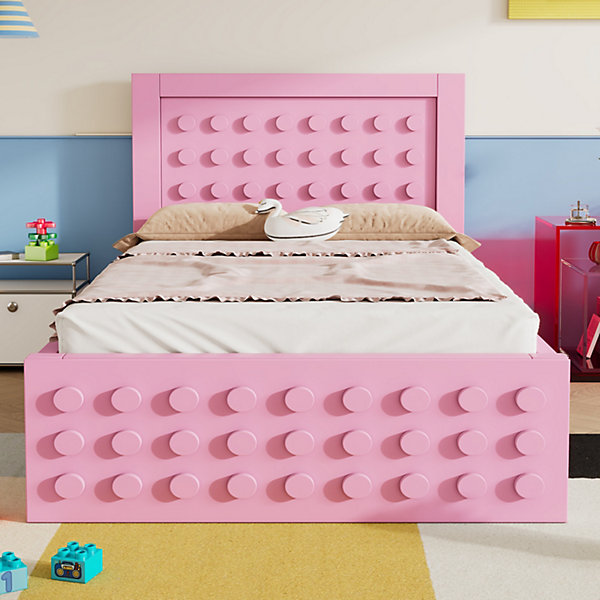 Lit avec rangement 90x200 cm, lit simple design créatif avec tiroirs intégrés, structure MDF et bois massif, rose sans matelas