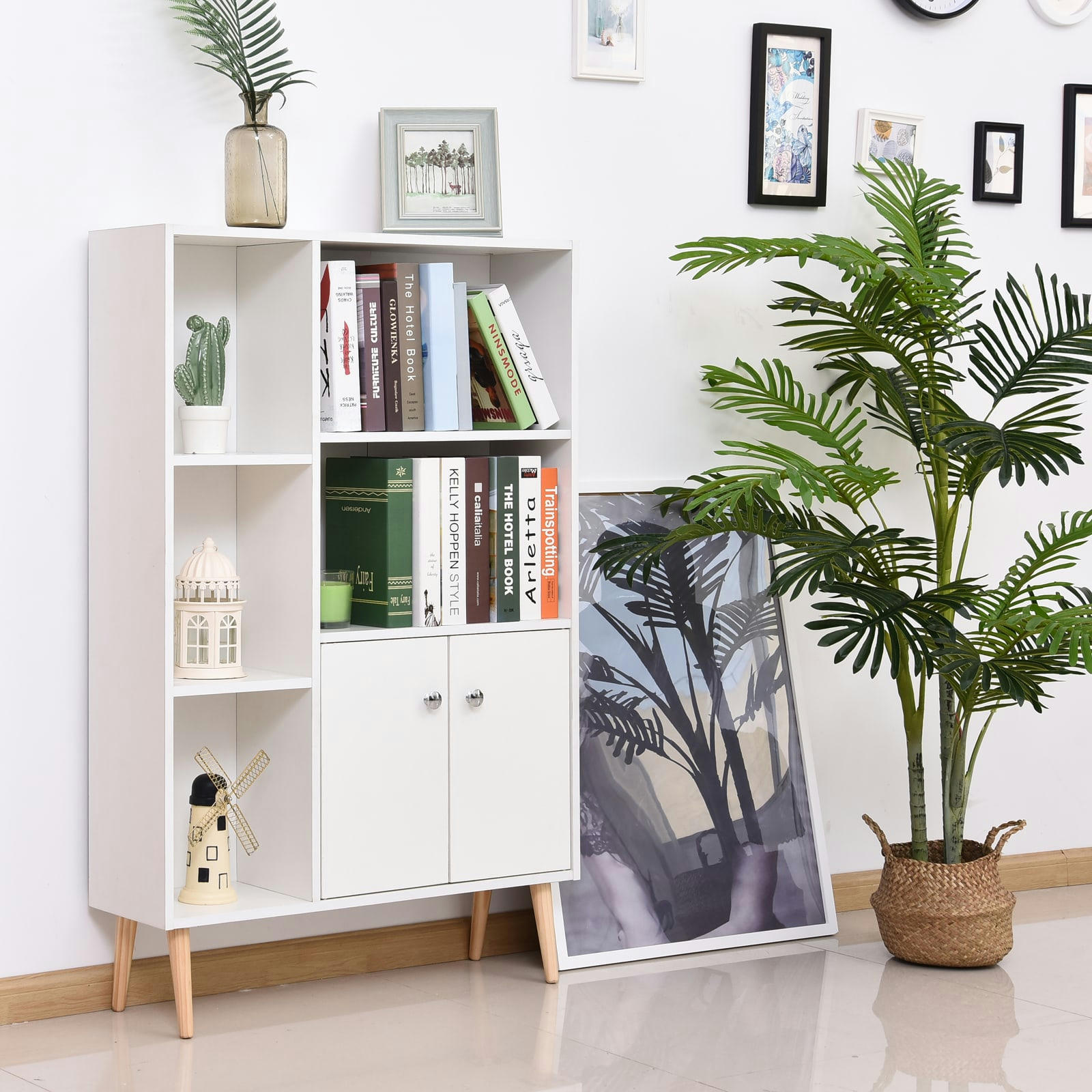 - Bibliothèque scandinave 5 niches 2 portes pieds bois panneaux blanc