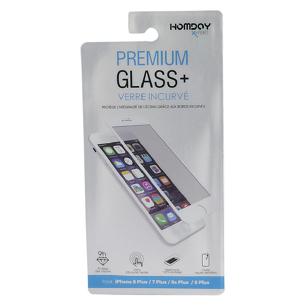 Verre trempé incurvé pour Iphone 6 Plus, 6S Plus, 7 Plus et 8 Plus transparent et blanc