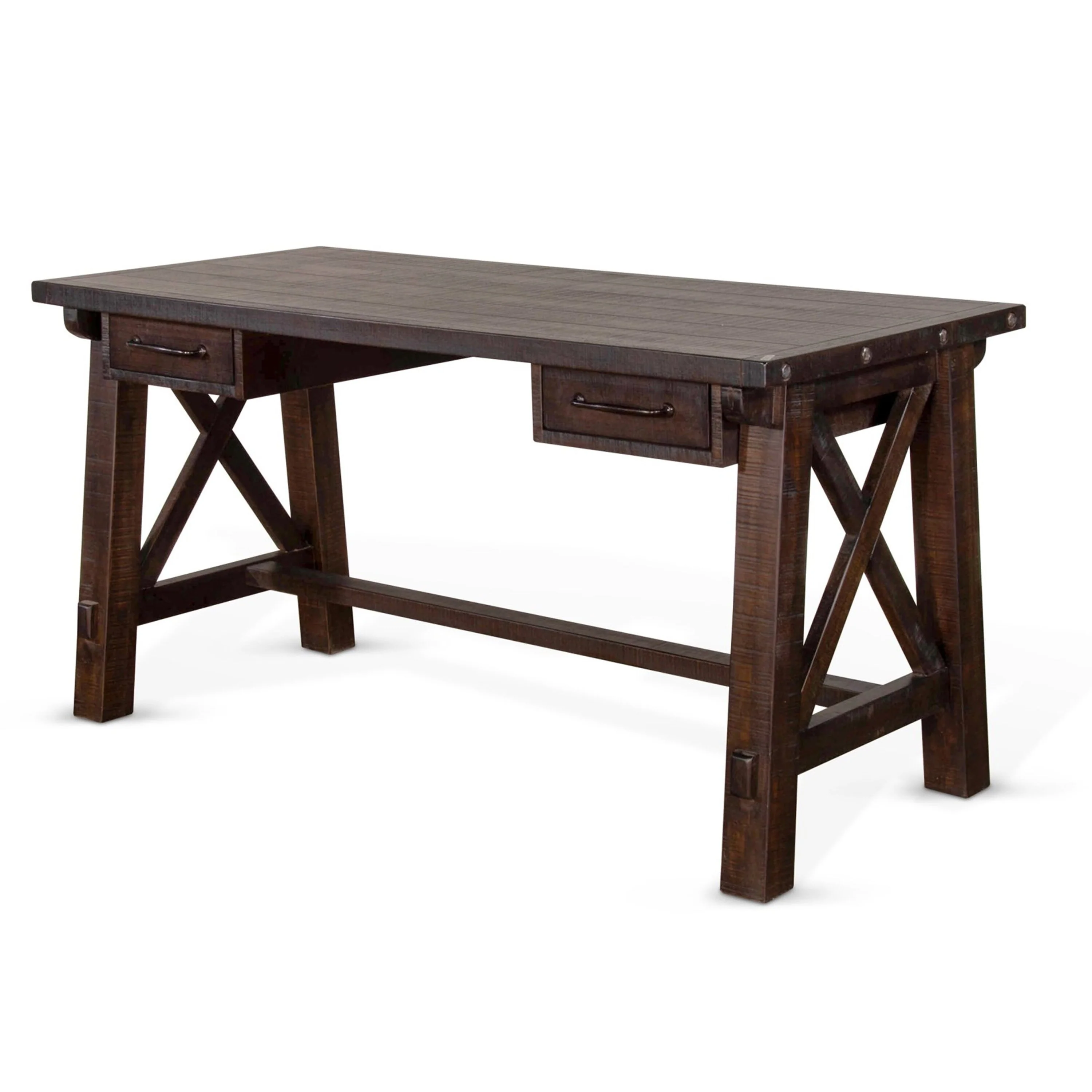Anva Writing Desk, 2 Drawers, X Motif Panels, Dark Brown 58 Inch Top