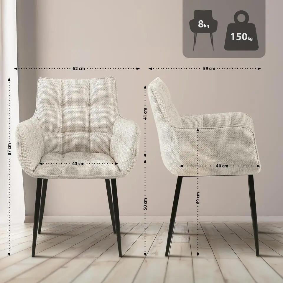 CLP Eetkamerstoel Tirana zwart Frame - Stof - ivoor