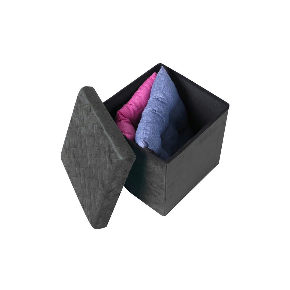 - Pouf coffre de rangement velours noir - 37.5x37.5x37.5cm